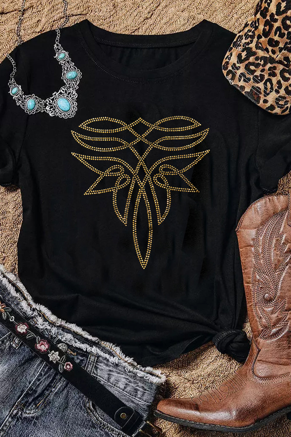 Hazel Blues® |  Black Rhinestone Western Pattern Cotton Blend Graphic T Shirt