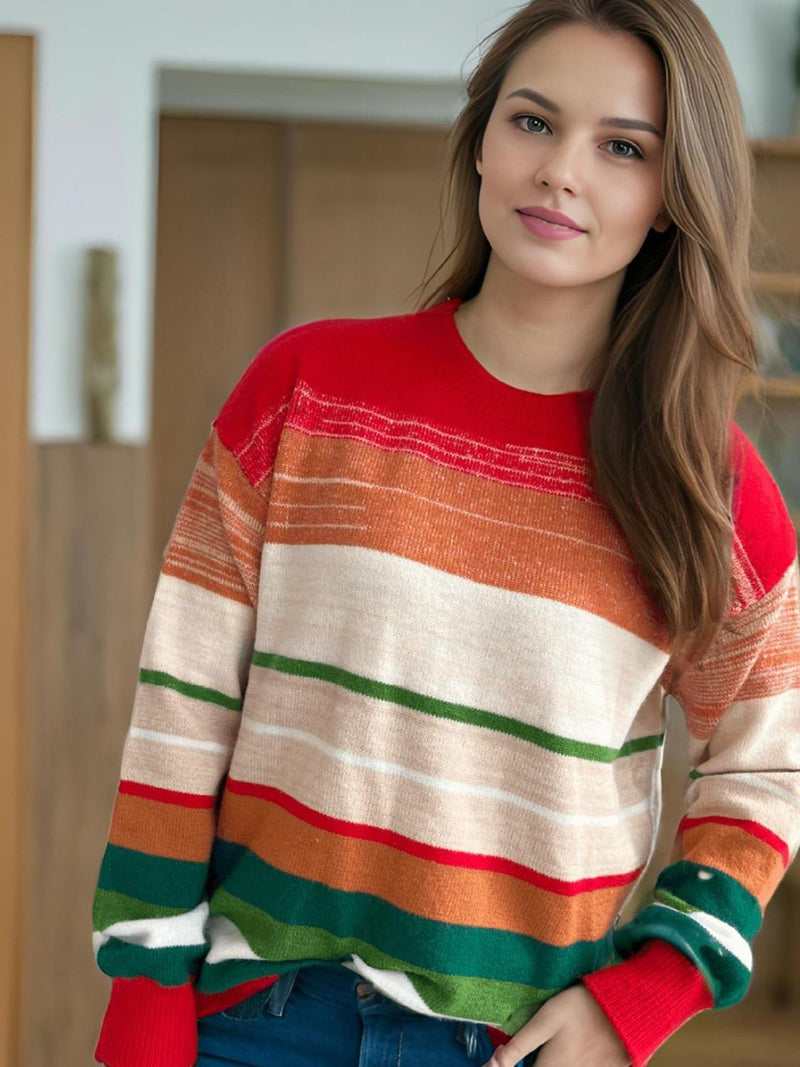 Hazel Blues® |  Contrast Striped Round Neck Long Sleeve Sweater