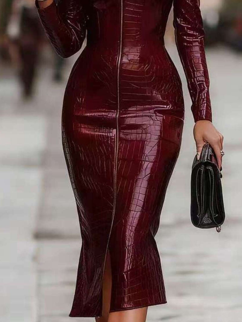 Crocodile Embossed Zipper Front Bodycon Midi Dress