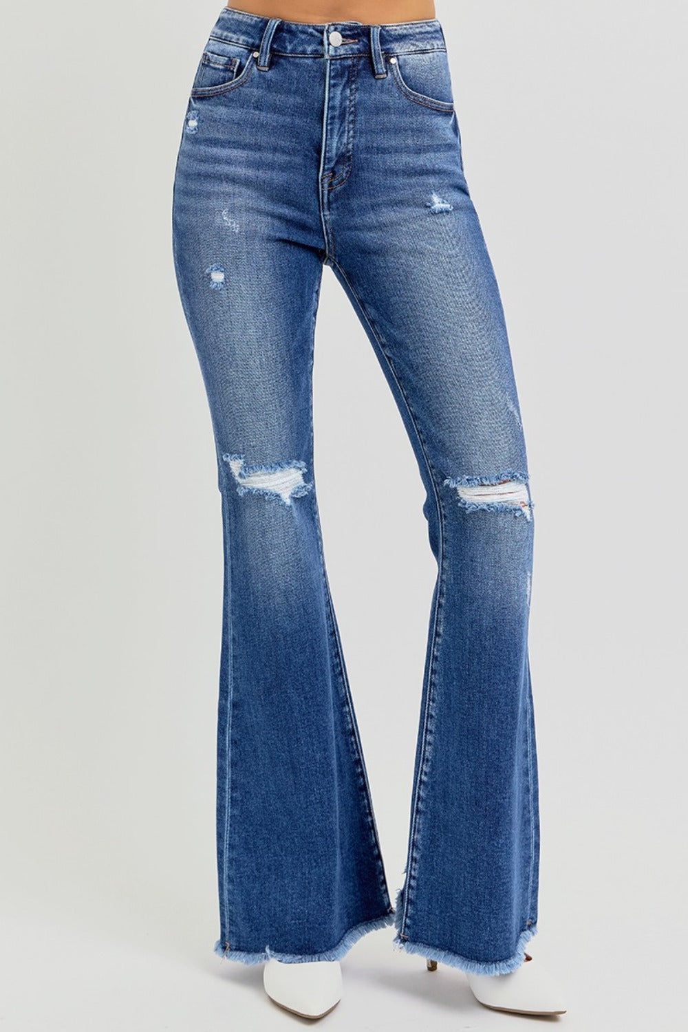 Hazel Blues® |  RISEN High Rise Distressed Raw Hem Flare Jeans