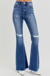 Hazel Blues® |  RISEN High Rise Distressed Raw Hem Flare Jeans