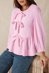 Hazel Blues® |  Tied Bow Striped Round Neck Blouse