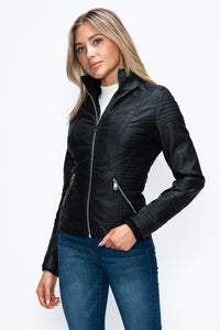 Hazel Blues® |  YMI Faux Layered Double-Zipper Jacket with Fuzzy Hood