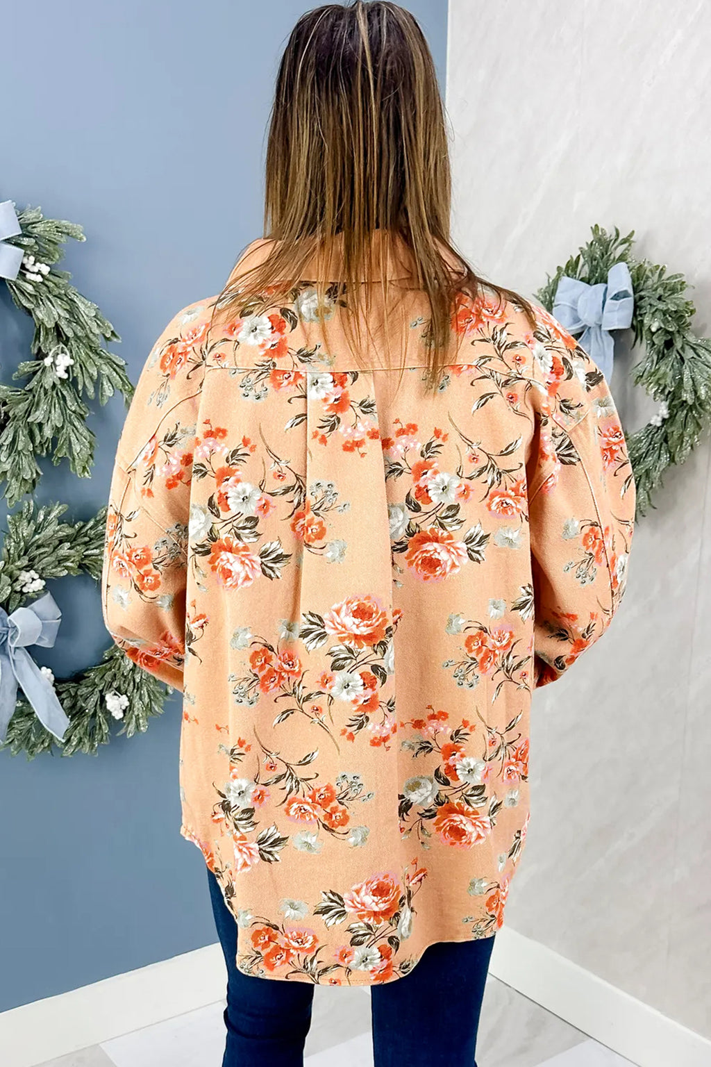 Cecilia Belle Khaki Floral Print Long-Sleeve Denim Jacket Tunic-Length