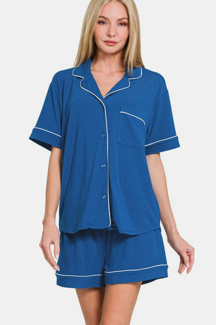 Hazel Blues® |  Zenana Button Down Short Sleeve Top and Shorts Lounge Set