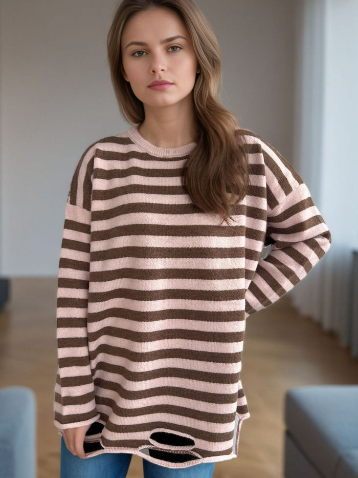 Hazel Blues® |  Distressed Striped Round Neck Long Sleeve Sweater