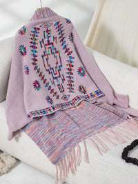 Fringe Geometric Open Front Long Sleeve Cape