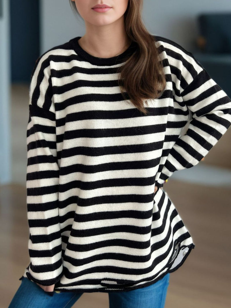 Hazel Blues® |  Distressed Striped Round Neck Long Sleeve Sweater