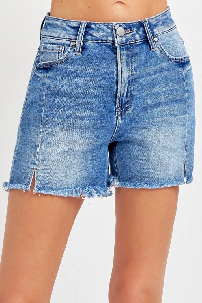 Hazel Blues® |  RISEN Front Slit Raw Hem Denim Shorts