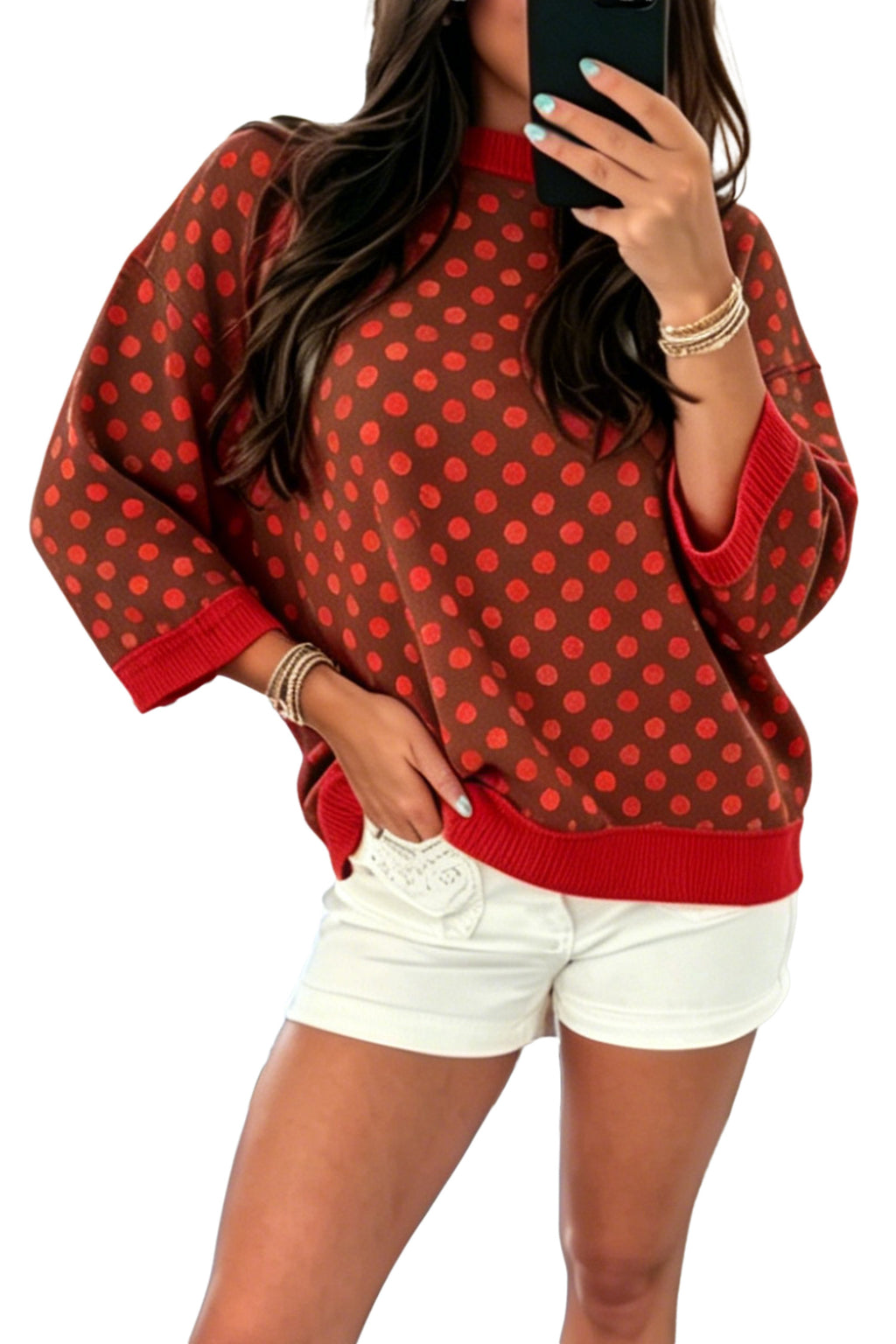 Brown Polka Dot Contrast-Trim Top