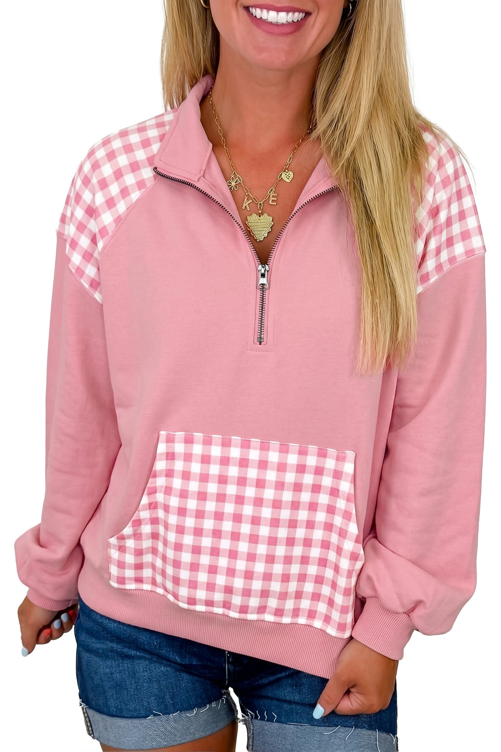Violet Hope Pink Plaid Quarter-Zip Sweatshirt