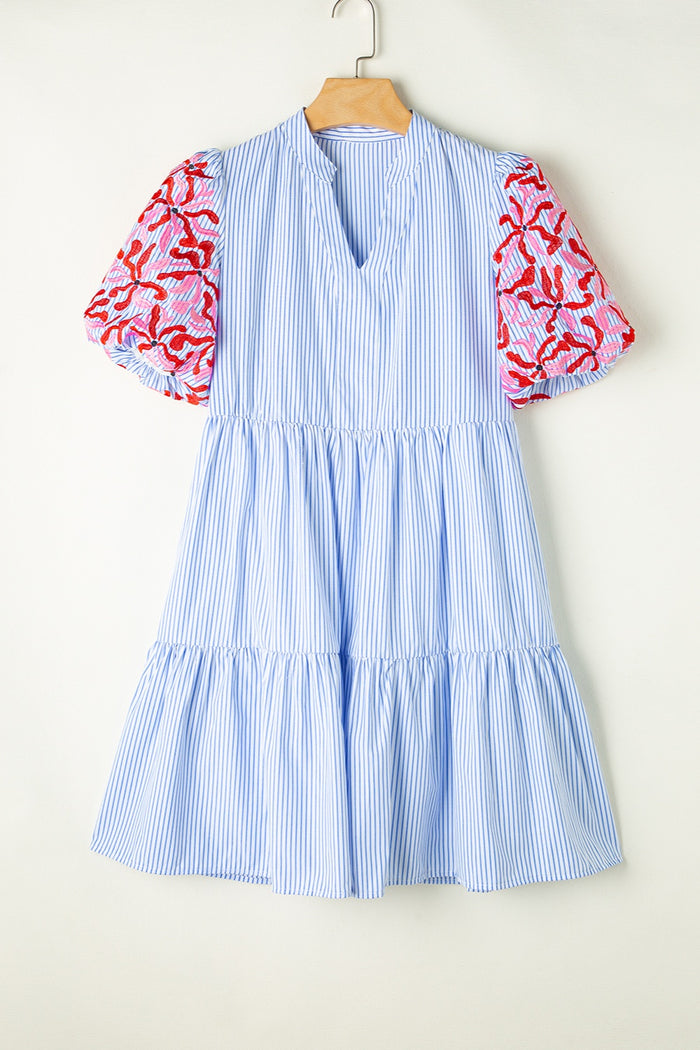 Hazel Blues® |  Embroidered Striped Notched Short Sleeve Dress