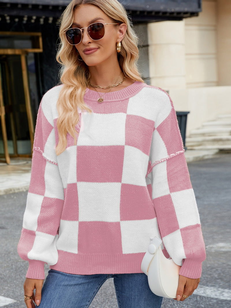 Hazel Blues® |  Checkered Round Neck Long Sleeve Sweater