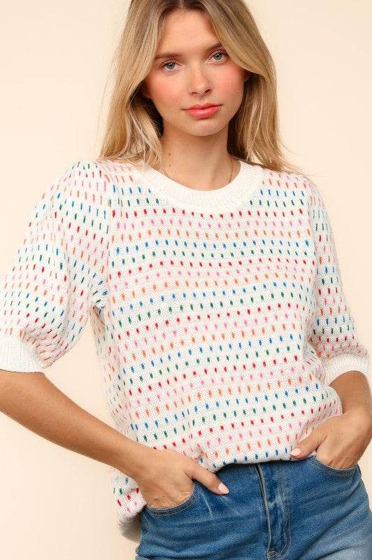 Hazel Blues® |  Haptics Round Neck Half Sleeve Multi Color Knit Top