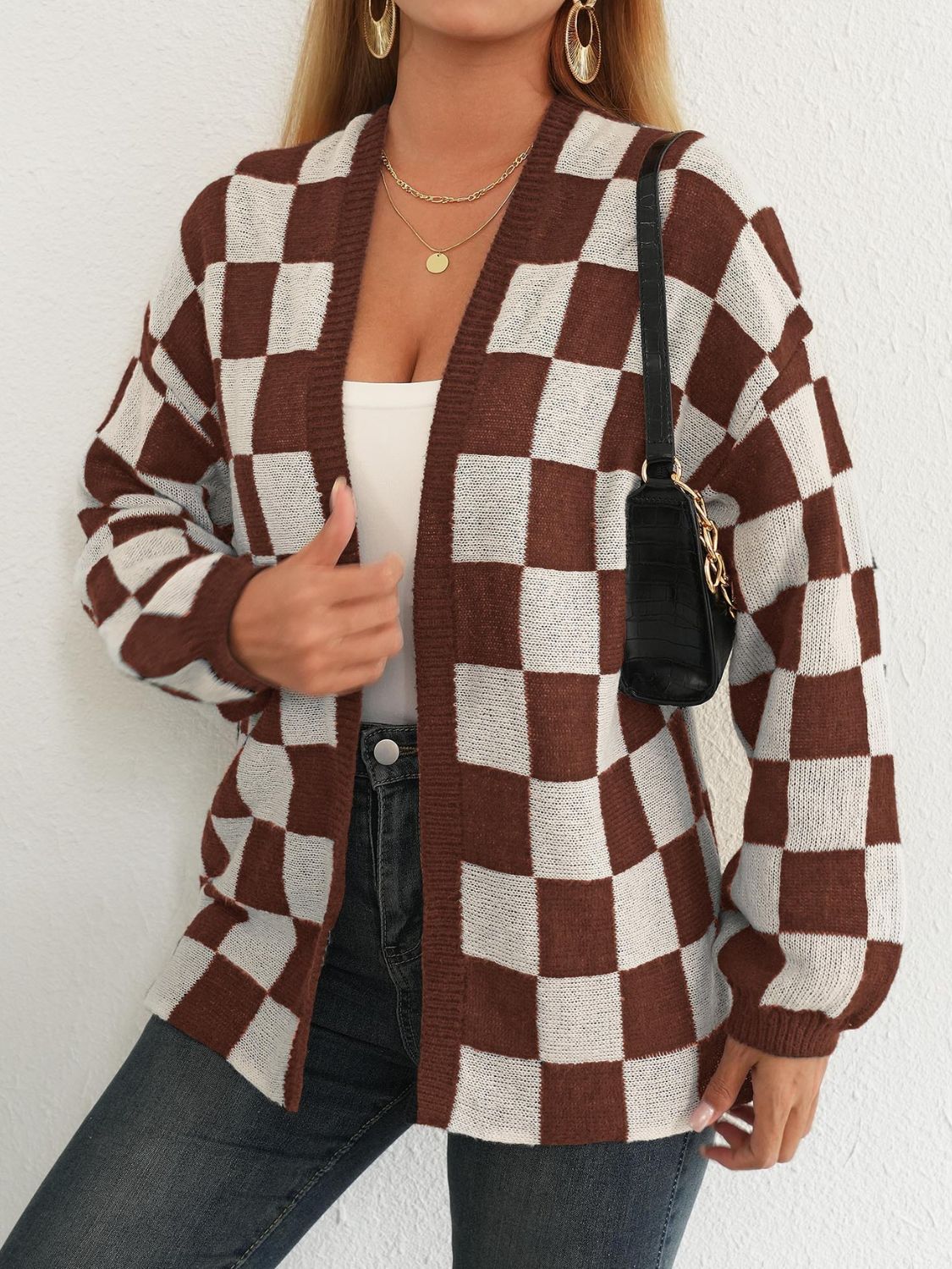 Hazel Blues® |  Checkered Open Front Long Sleeve Cardigan