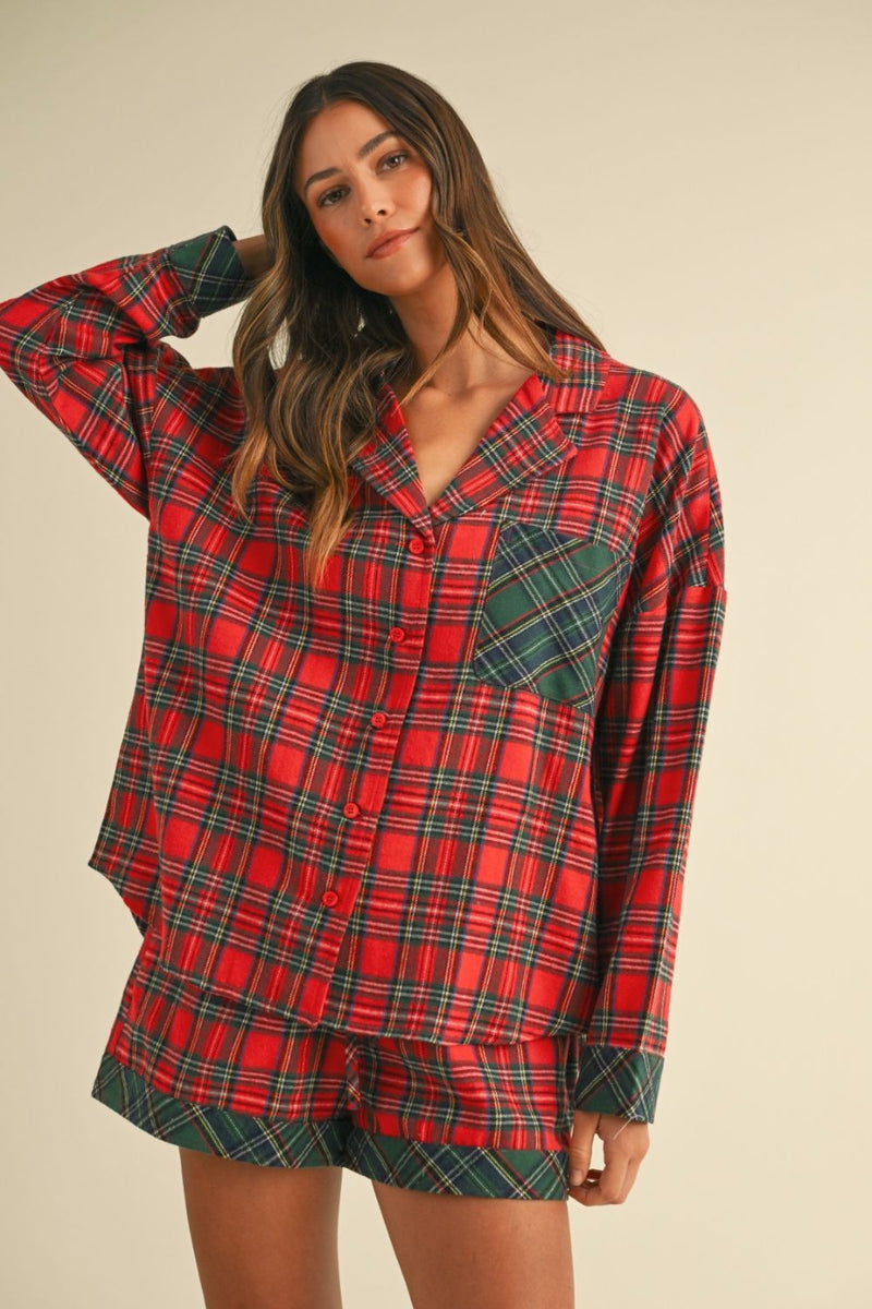 Hazel Blues® |  Annie Wear Contrast Plaid Long Sleeve Top and Shorts Set