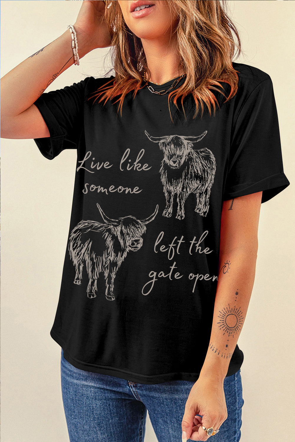 Hazel Blues® |  Black Western Cow Print Round Neck Casual Tee