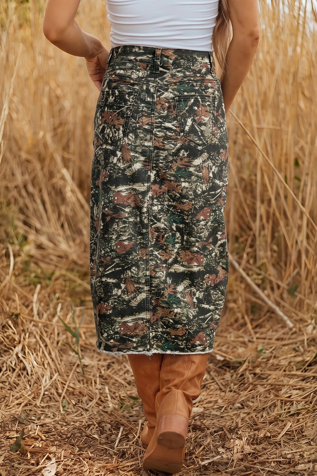 Violet Skye Camo Raw-Hem Denim Midi Skirt