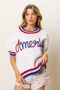 Hazel Blues® |  BiBi Metallic America Letter Short Sleeve Sweater