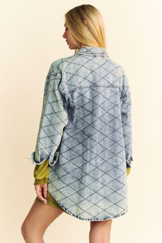 Hazel Blues® |  Davi & Dani Curved Hem Diamond Quilted Button Up Denim Shacket