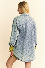 Hazel Blues® |  Davi & Dani Curved Hem Diamond Quilted Button Up Denim Shacket