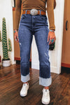 Hazel Blues® |  Real Teal Folded Cuffs Distressed Straight High Waist Jeans