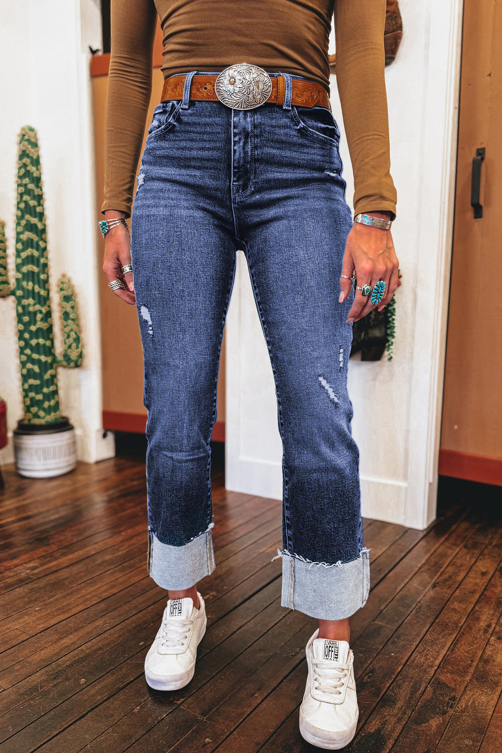 Hazel Blues® |  Real Teal Folded Cuffs Distressed Straight High Waist Jeans
