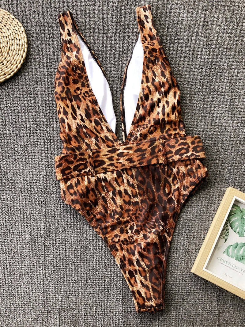 Hazel Blues® |  Leopard Plunge Wide Strap Sleeveless One-Piece Swimwear