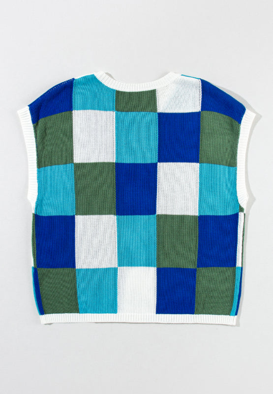 Hazel Blues® |  Contrast Plaid Round Neck Cap Sleeve Sweater