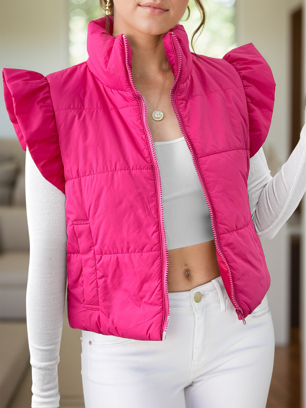 Hazel Blues® |  Pocketed Zip Up Cap Sleeve Jacket