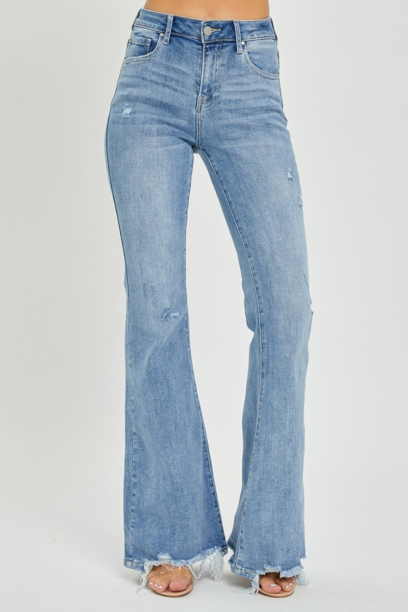 Hazel Blues® |  Risen High Rise Frayed Hem Flare Jeans