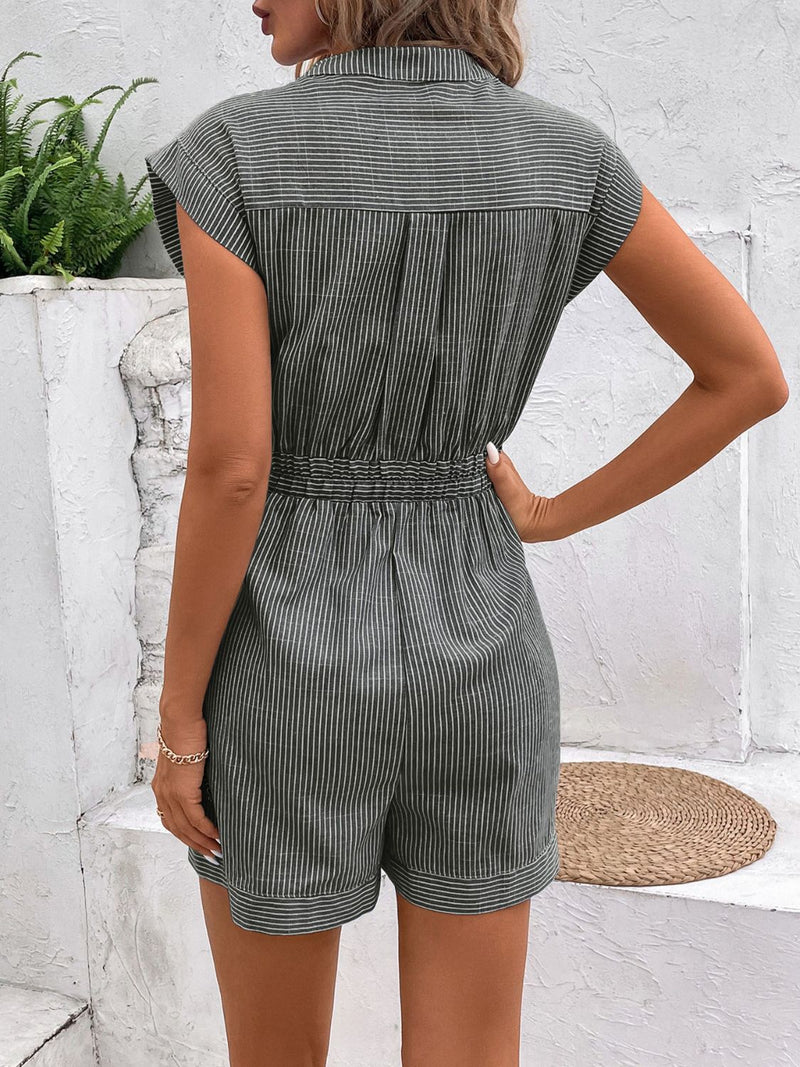 Hazel Blues® |  Striped Notched Tie Waist Romper