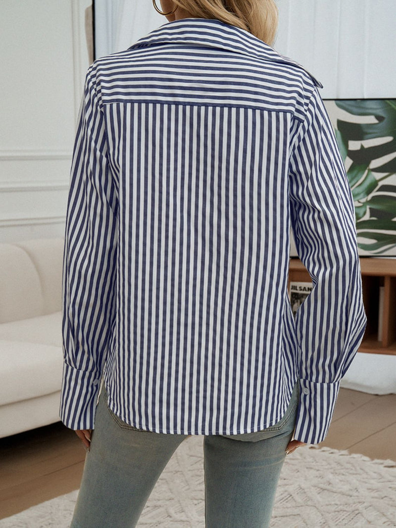 Hazel Blues® |  Pocketed Striped Collared Neck Long Sleeve Shirt