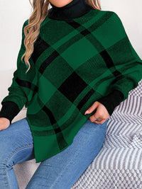 Hazel Blues® |  Plaid Turtleneck Batwing Sleeve Sweater