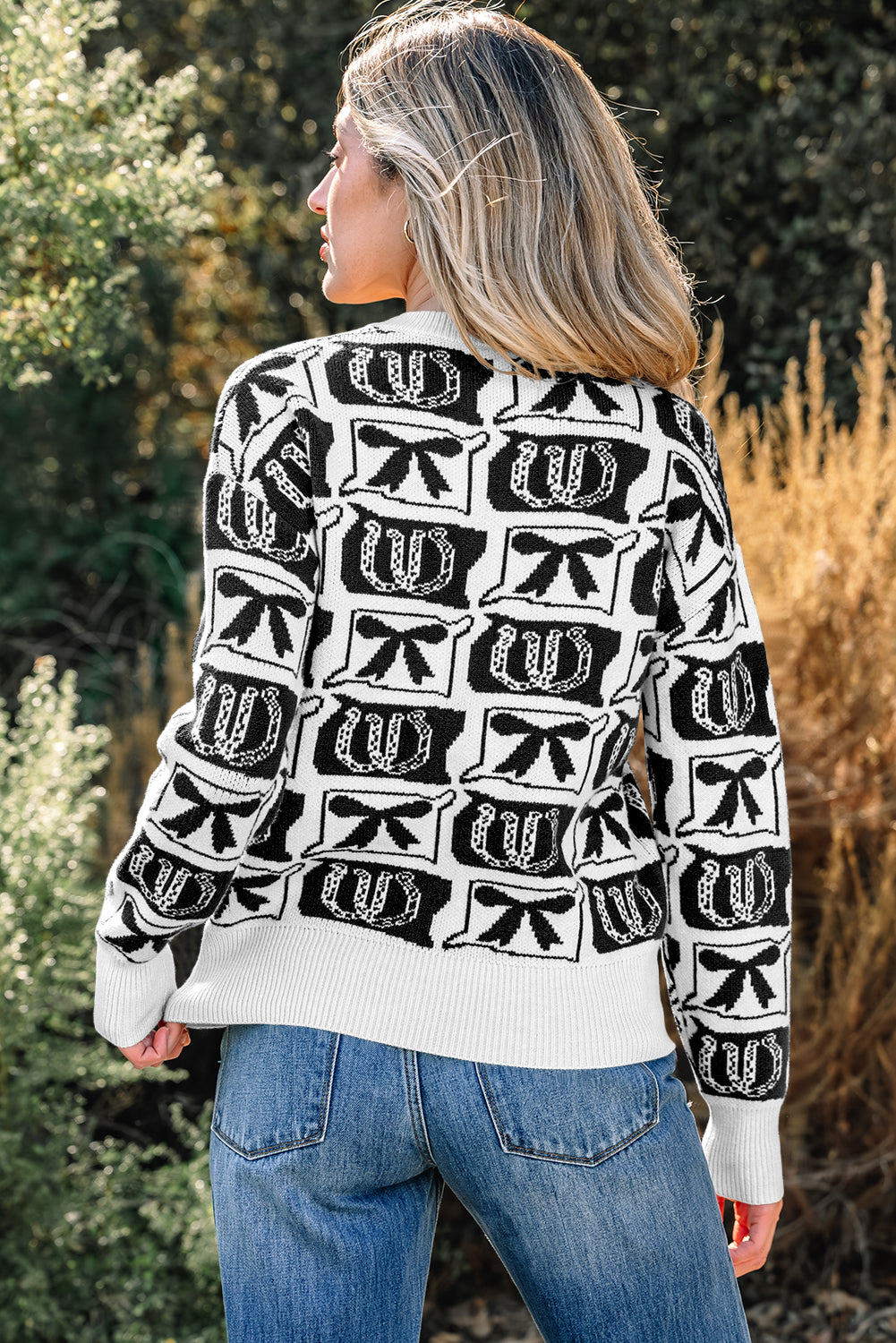 Black Bows and Horseshoes Pattern Western Fashion Print Sweater