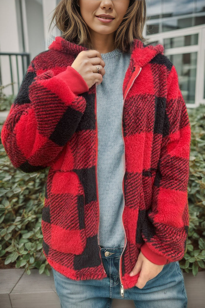 Hazel Blues® |  Double Take Plaid Long Sleeve Hooded Coat