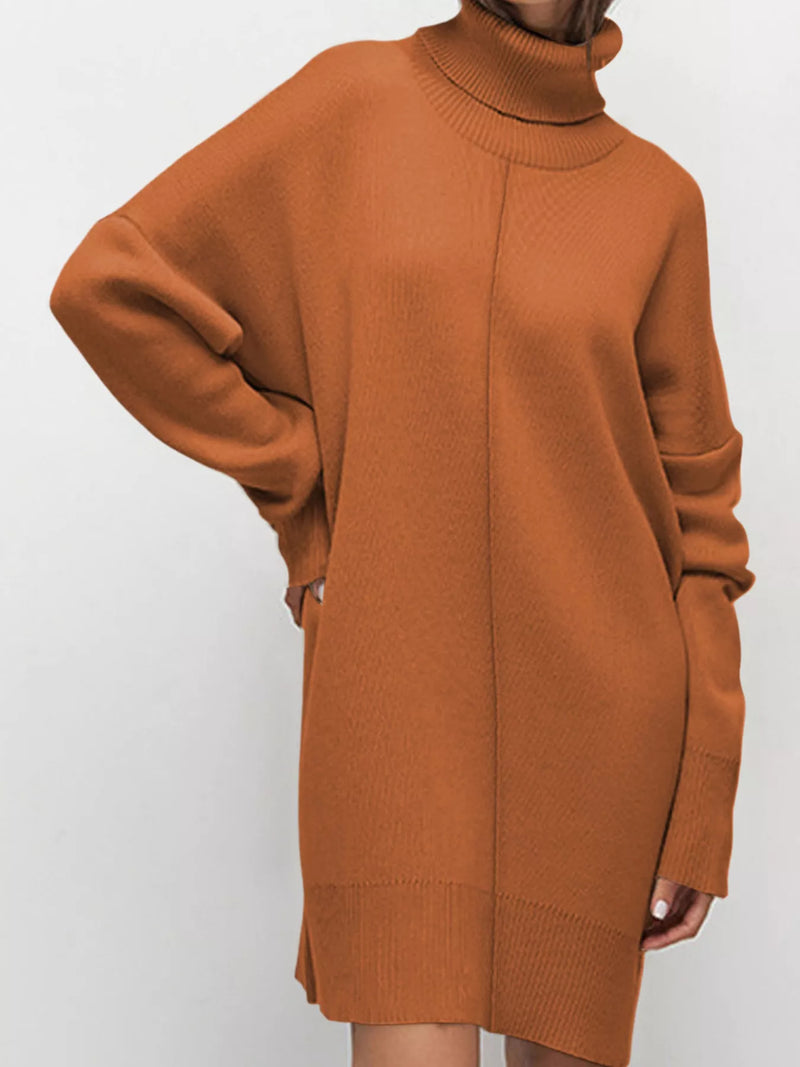 strapless open back dress Solid Color Turtleneck Drop Shoulder Loose Sweater Dress Caramel / M