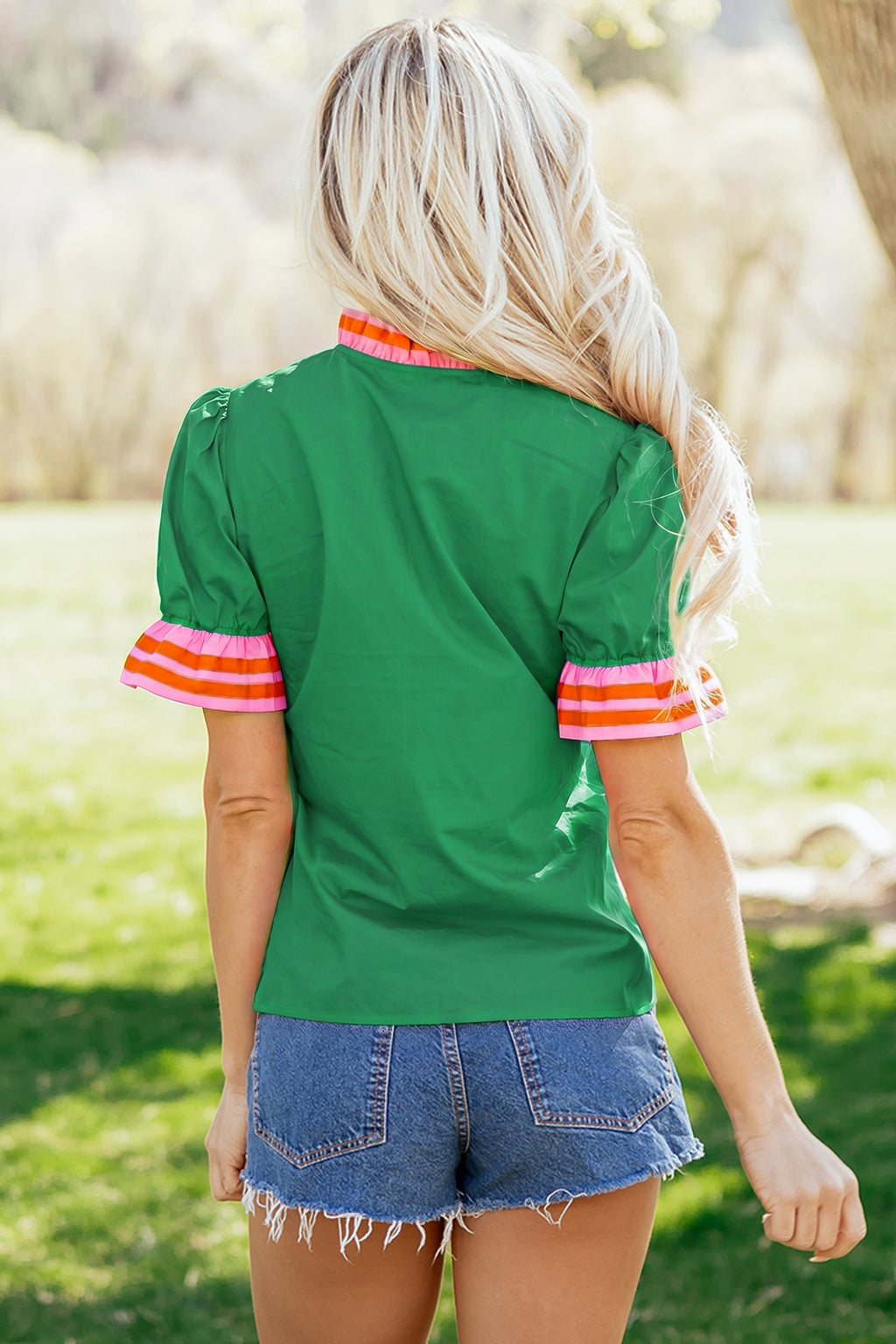 Harper Pearl Green Striped Ruffle Blouse