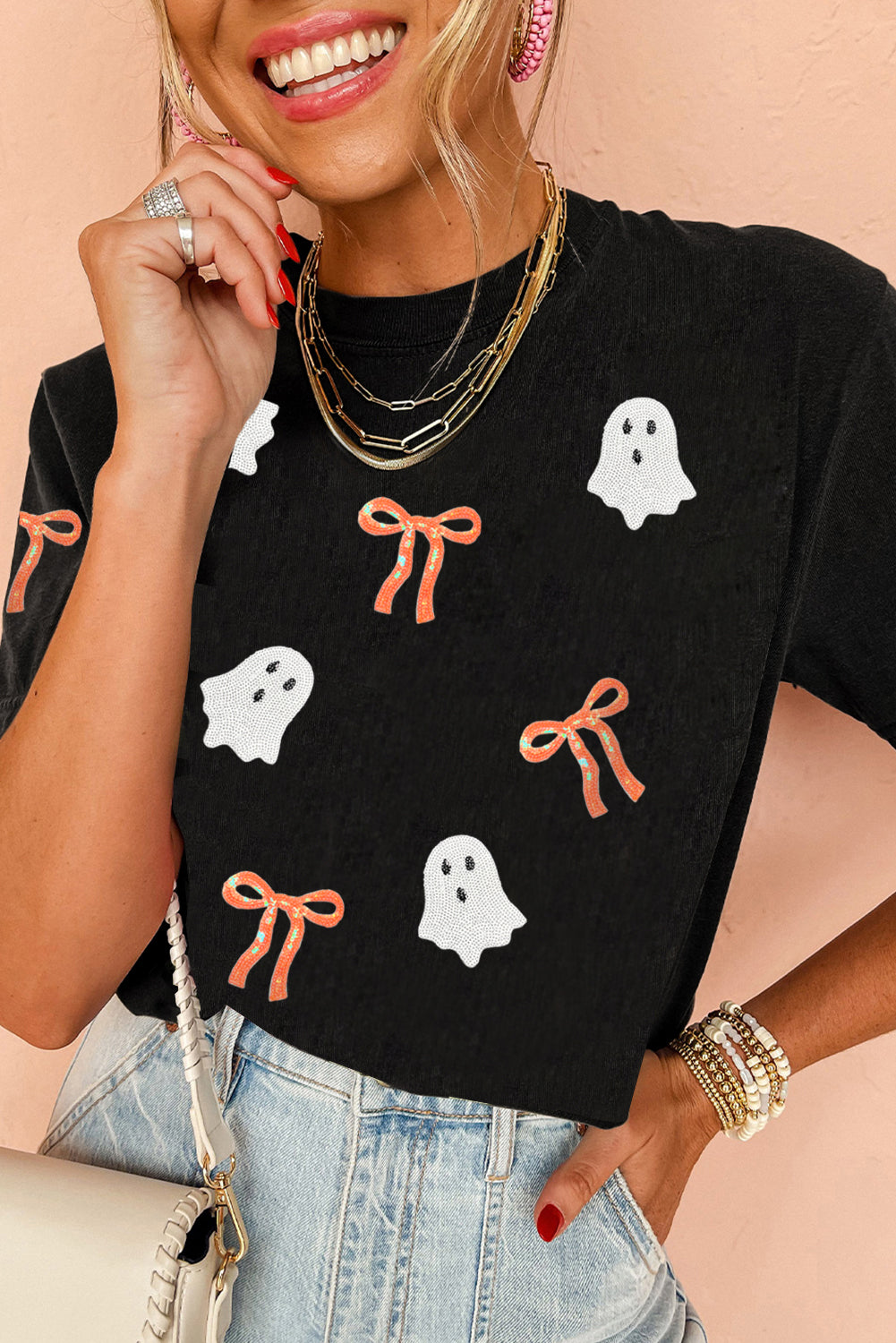 Bowed Over Ghost Sequin T-Shirt