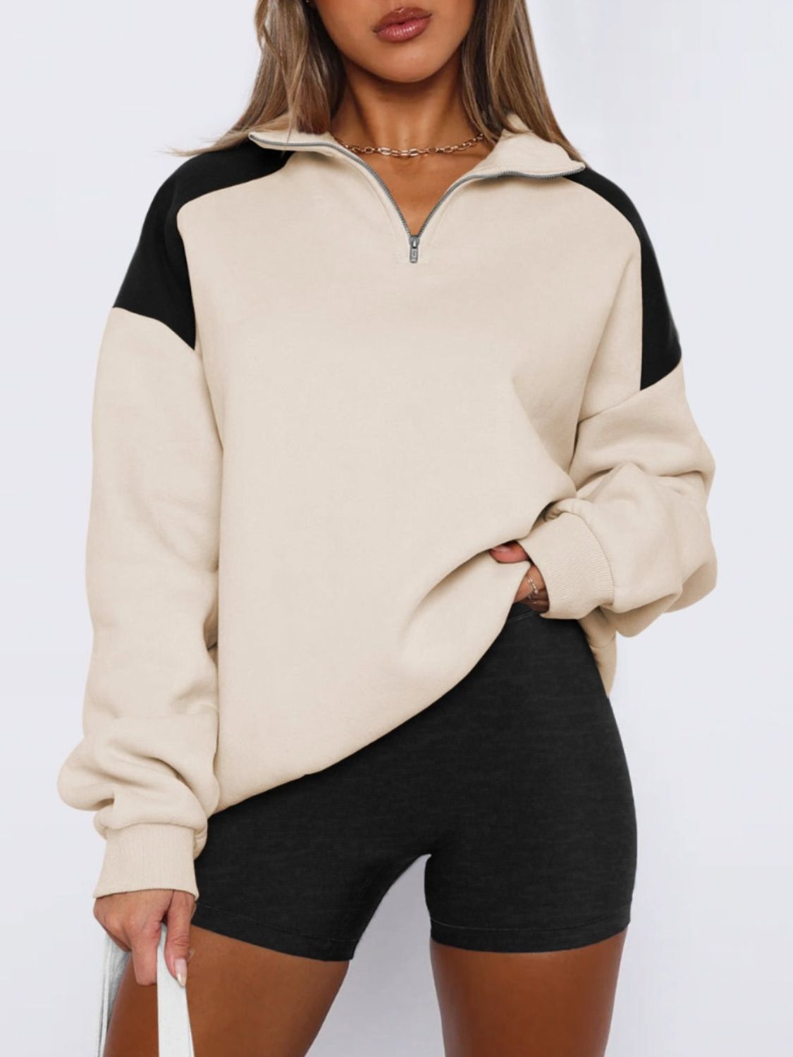 Hazel Blues® |  Contrast Quarter Zip Long Sleeve Sweatshirt