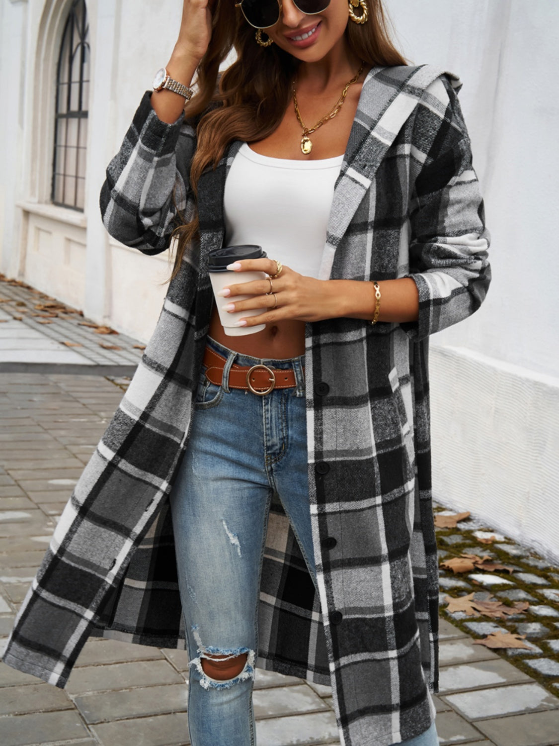 Hazel Blues® |  Plaid Long Sleeve Hooded Coat