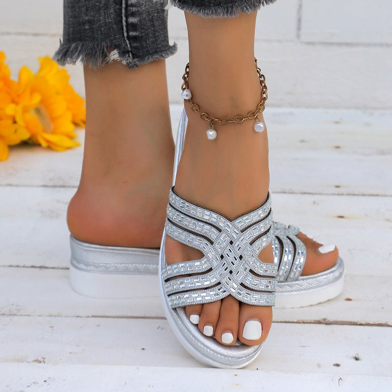 Hazel Blues® |  Rhinestone Open Toe Wedge Sandals