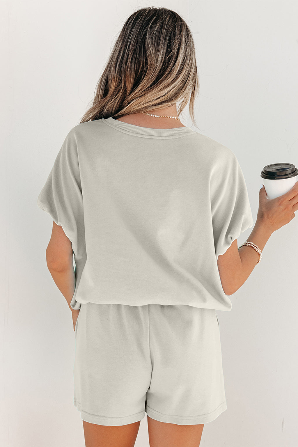 Smoke Gray Solid Color Puffy Relaxed Top Drawstring Shorts Two-Piece Outfit