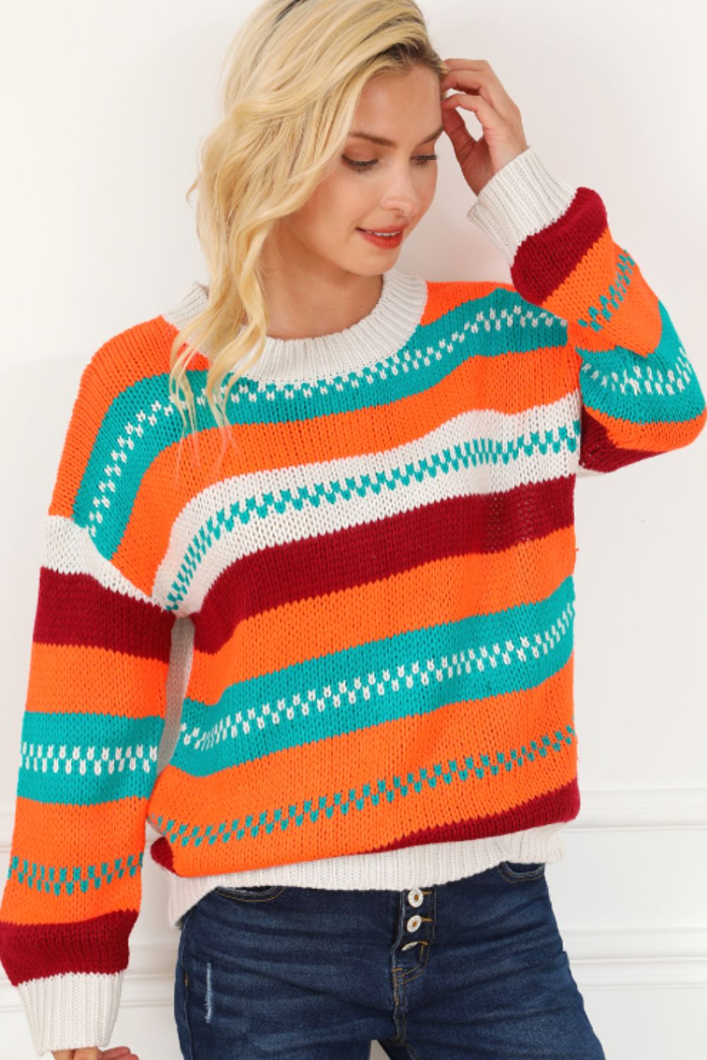 Hazel Blues® |  Contrast Striped Round Neck Long Sleeve Sweater