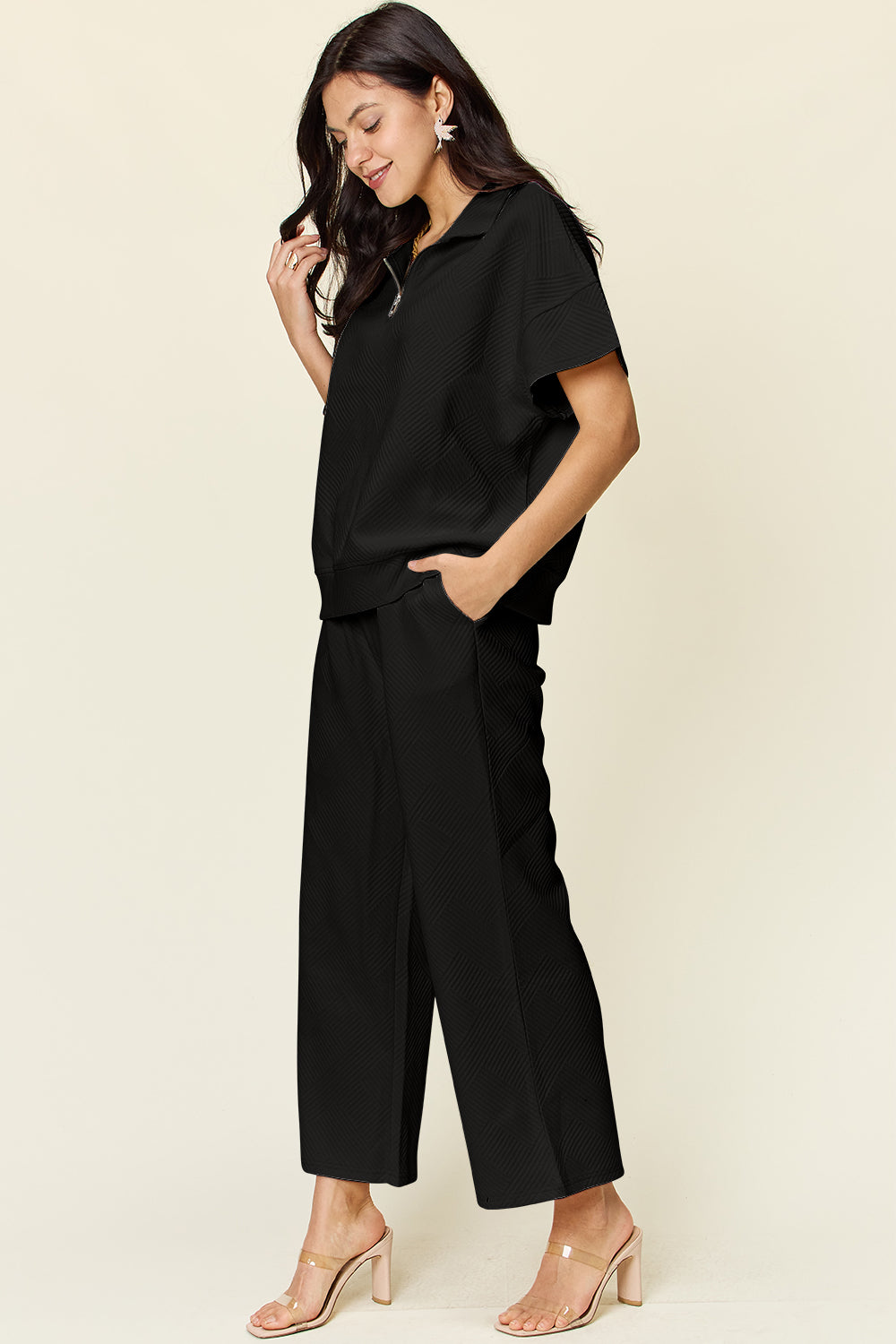 Hazel Blues® |  Double Take Texture Half Zip Short Sleeve Top and Pants Set