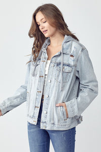 Hazel Blues® |  RISEN Distressed Drawstring Hooded Denim Jacket