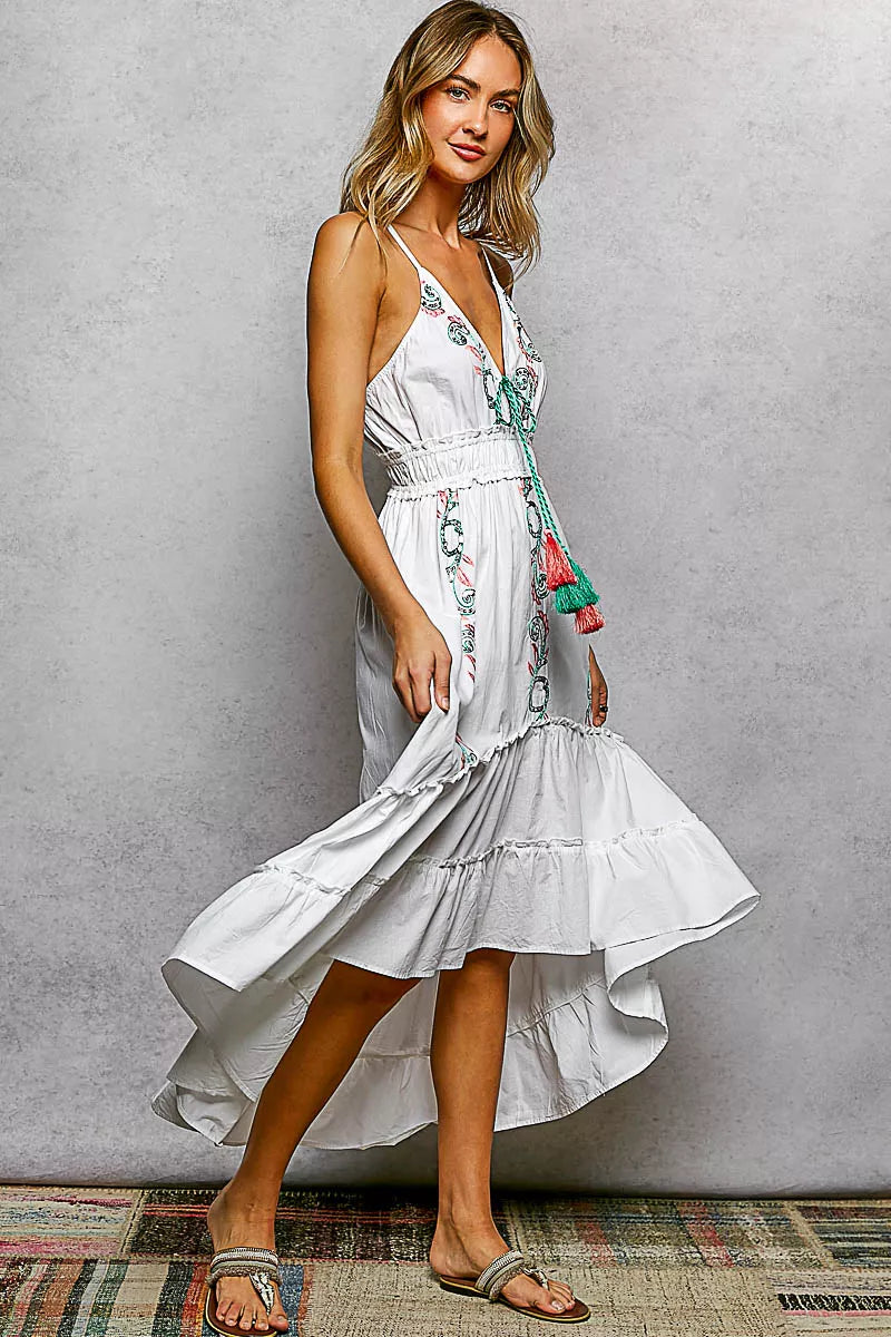 tiered cami midi dress POL Embroidered Detail Tassel Tie Smocked Waist Midi Tiered Cami Dress IVORY / S