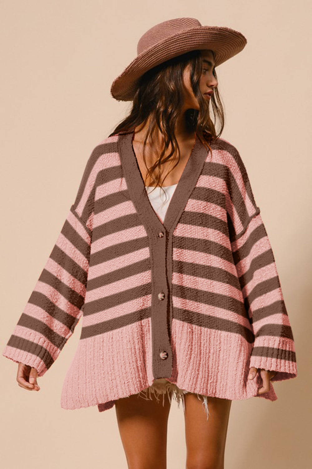 Hazel Blues® |  BiBi Slit Striped V-Neck Button Up Cardigan