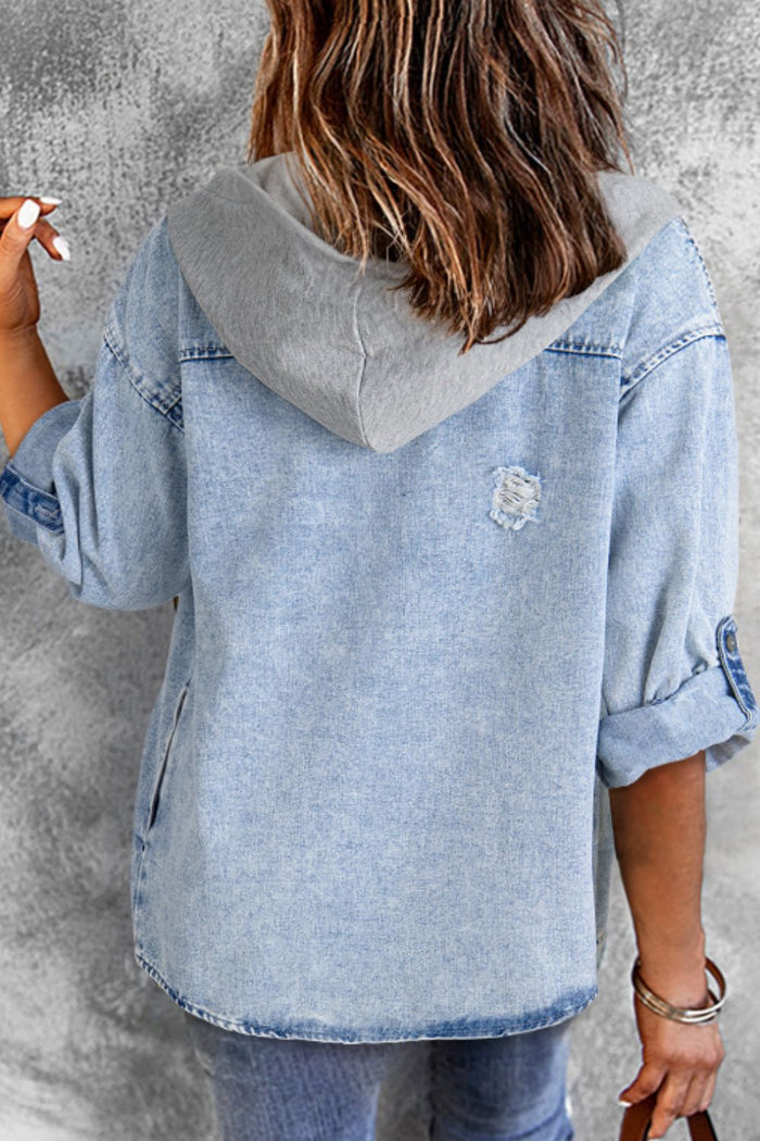 Hazel Blues® |  Distressed Button Up Hooded Denim Jacket with Pockets