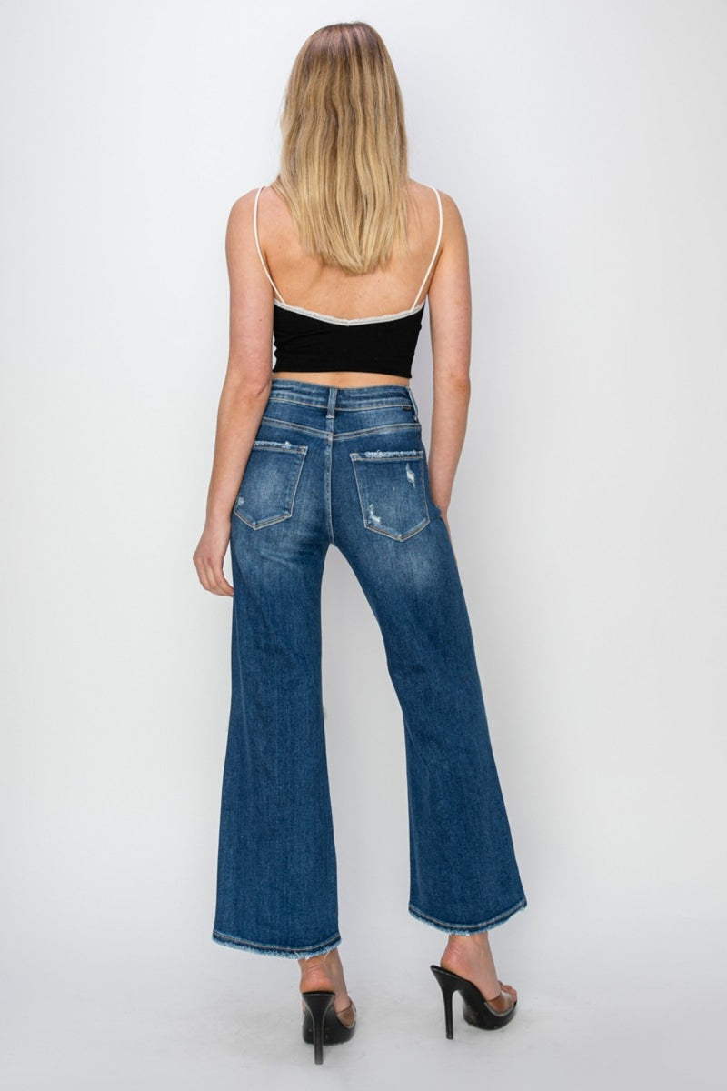 Hazel Blues® |  Risen High Rise Patch Detailed Wide Leg Crop Jeans